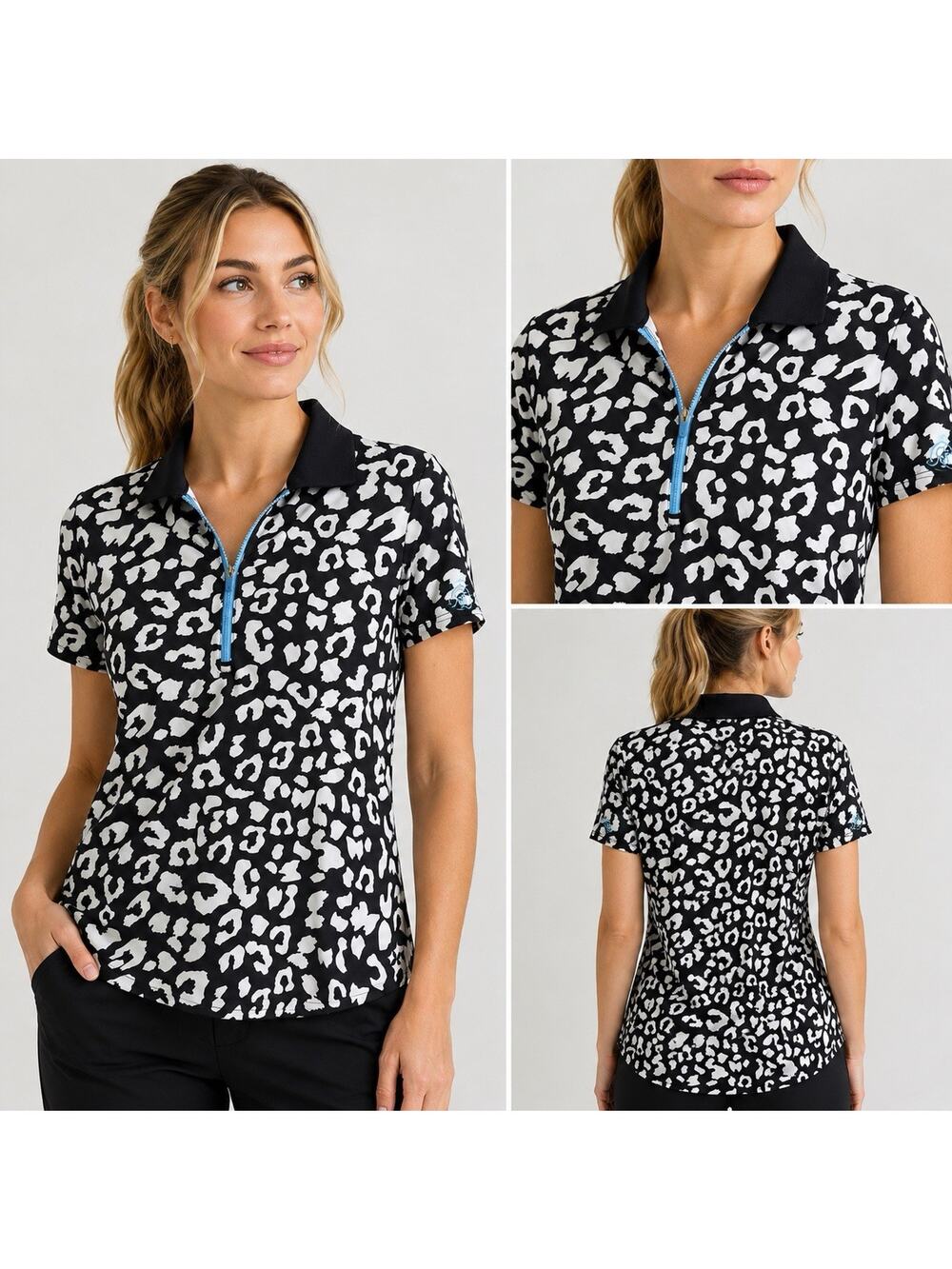 JoFit Women’s Golf Polo Shirt Size M Black White Animal Print Quarter Zip